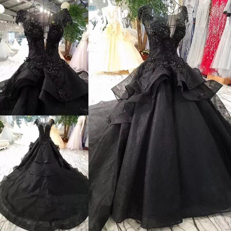 Gorgeous Black Ball Gown Cap Sleeves Long Wedding Dress