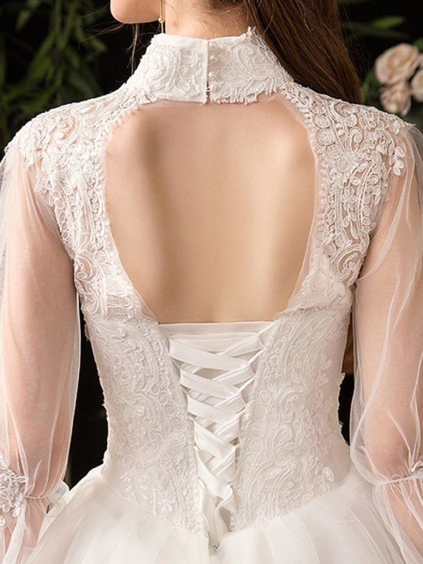 Gorgeous High Collar 3/4 Sleeve Lace-Up Ball Gown wedding Dresses