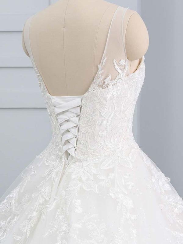 Gorgeous Lace-Up Sweep Train Ball Gown Wedding Dresses