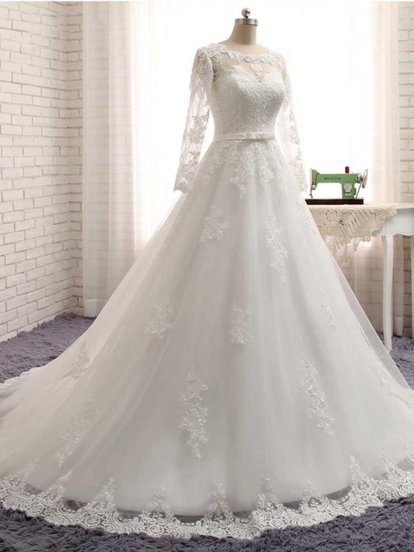 Gorgeous Long Sleeves Lace Ribbon Tulle Wedding Dresses