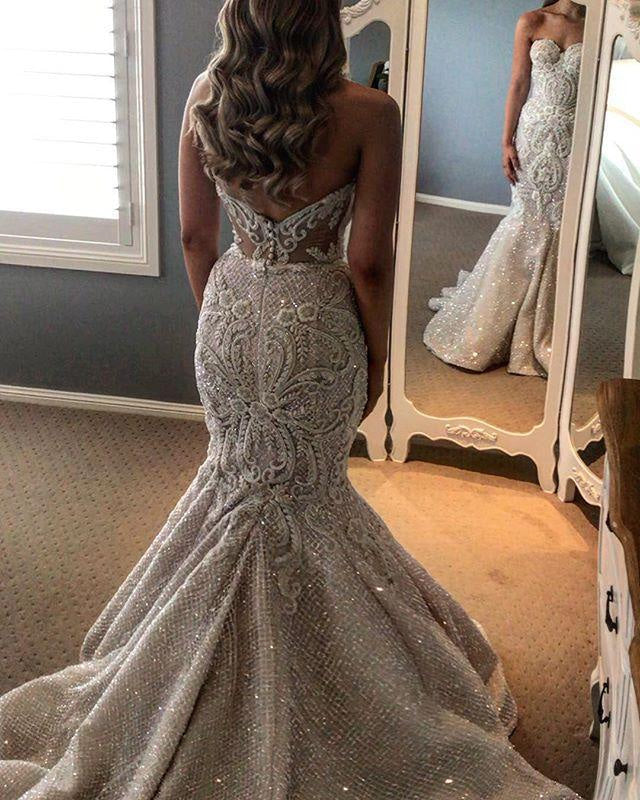Gorgeous Shiny Beading Lace Strapless Overskirt Wedding Dresses