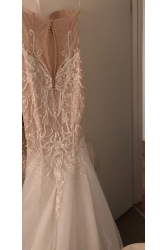 Strapless Tulle Mermaid Wedding Dress | Long Train Bridal Gown with Appliques
