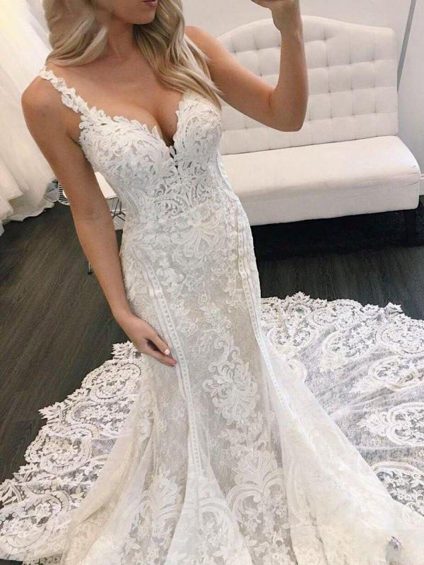 Gorgeous Straps Mermaid Train Lace Wedding Dress