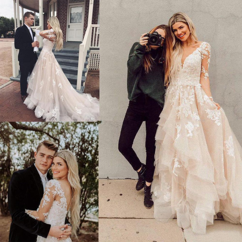 Gorgeous V Neck Long Sleeves Lace Appliques Wedding Dress