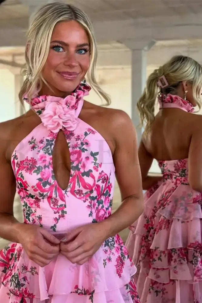 Halter Floral Pink Aline Evening Dress Ruffle Front Split Tulle Formal Dress