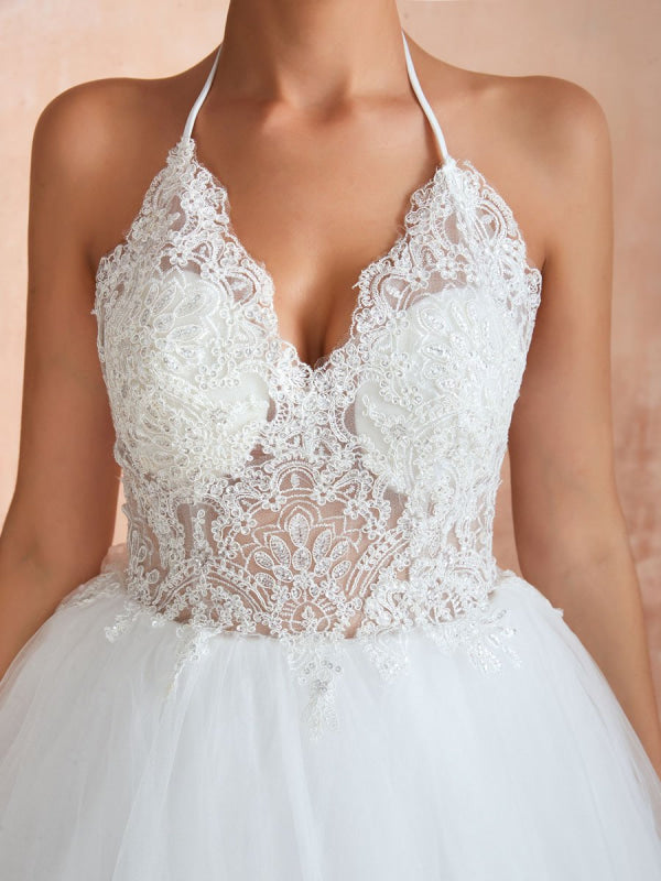 Halter Sleeveless Floor Length Lace Tulle Bridal Gowns With Train