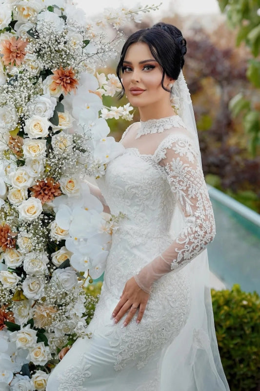 High Neck Lace Mermaid Wedding Dress Tulle Appliques Bridal Gown with Sleeves