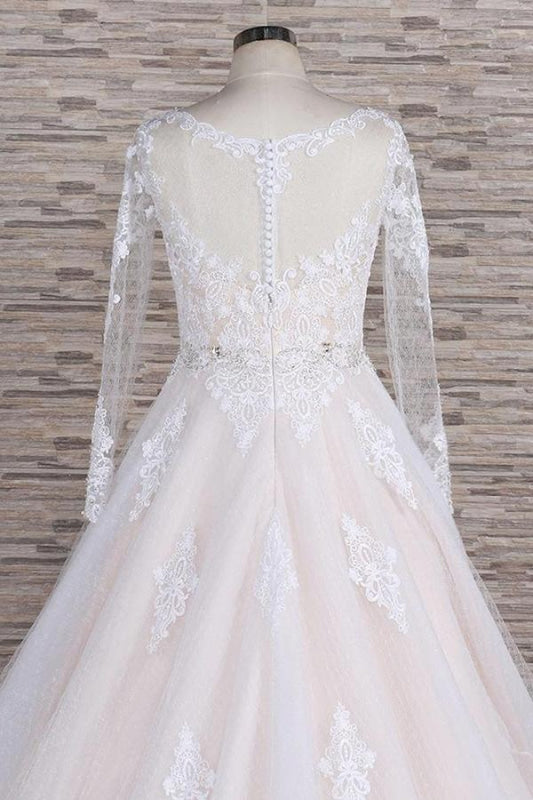 Illusion Appliques Long Sleeve Tulle Wedding Dress