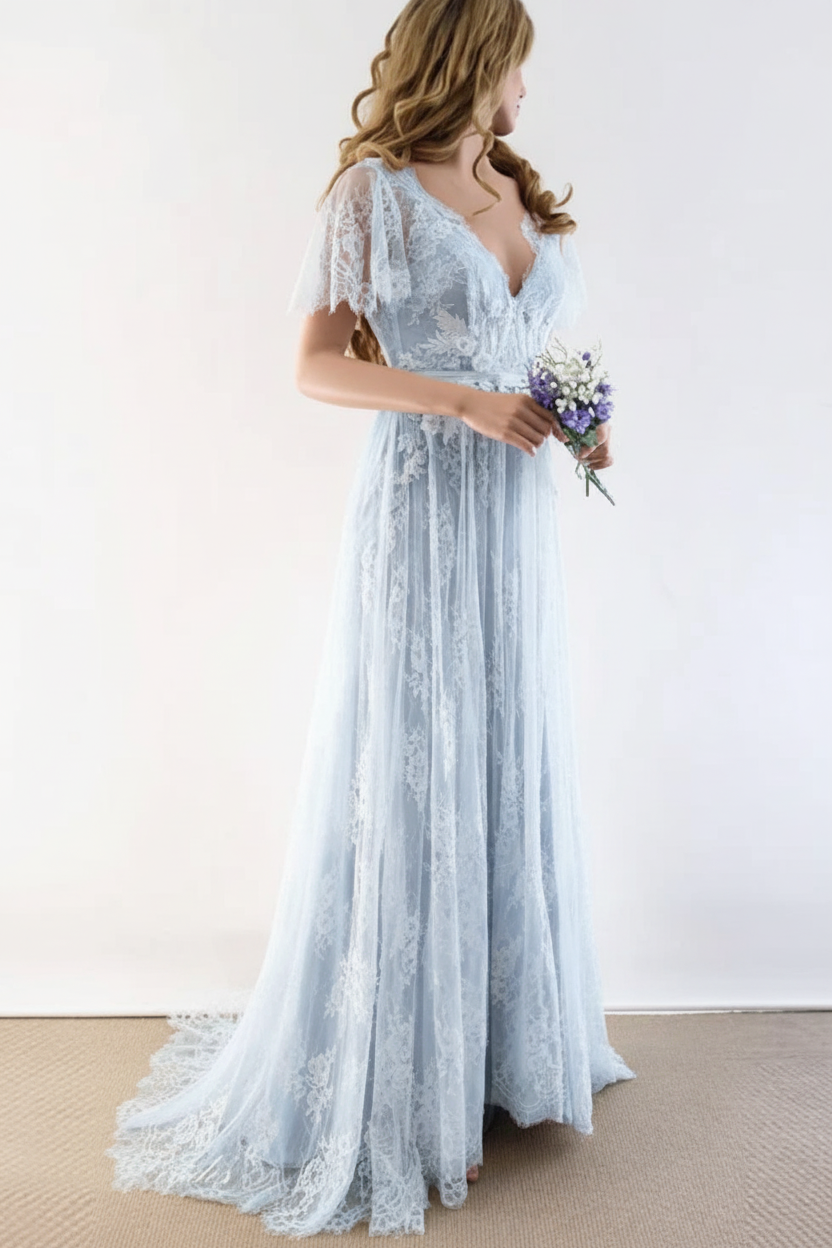 Gorgeous V-Neck Cap Sleeves Lace Wedding Dresses