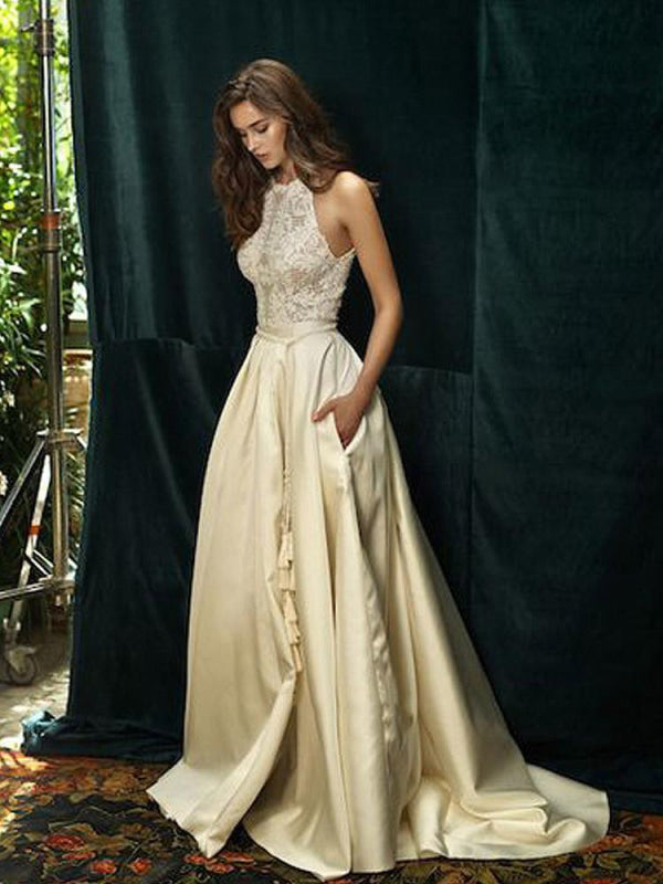 Ivory A-line Halter Lace Satin with Sweep Train Sleeveless Beach Wedding Dress
