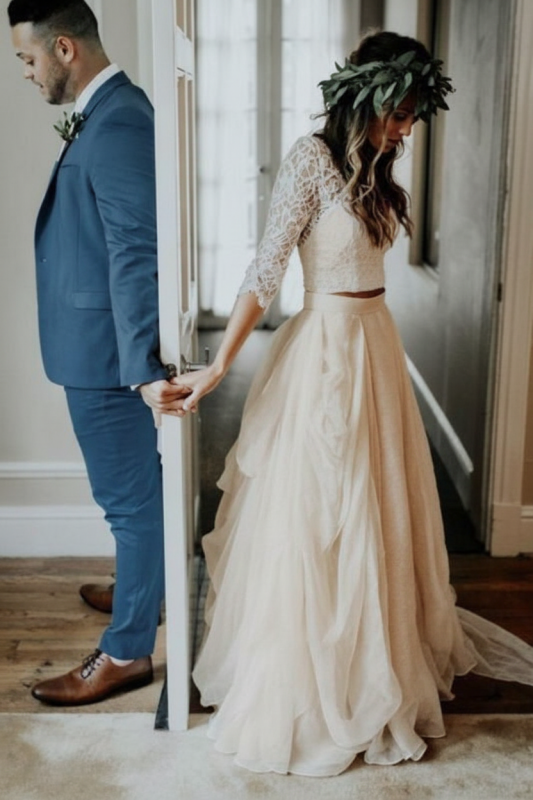 Ivory Chiffon Rustic 3/4 Sleeves Two Piece Wedding Dress