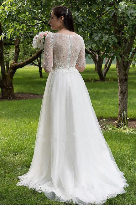Lace Bodice Dress with Half Sleeves A Line Tulle Wedding Dresss