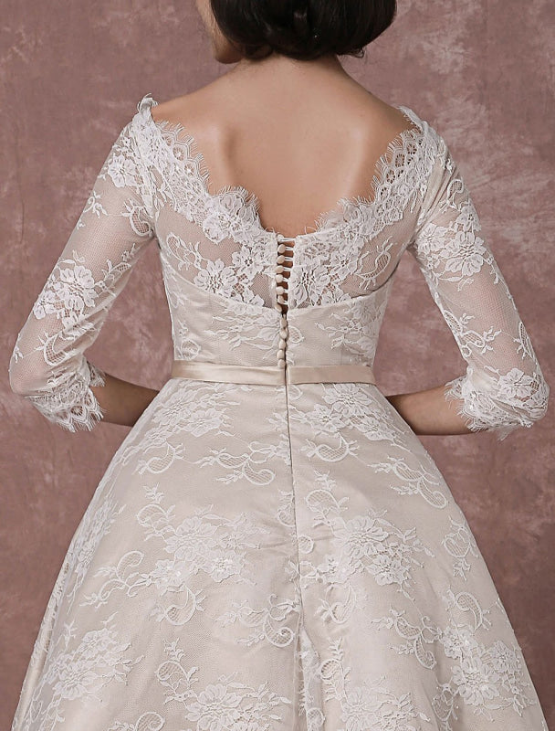 Vintage Champagne Lace Wedding Dress - Bateau Neck Half Sleeve Tea Length Bridal Gown