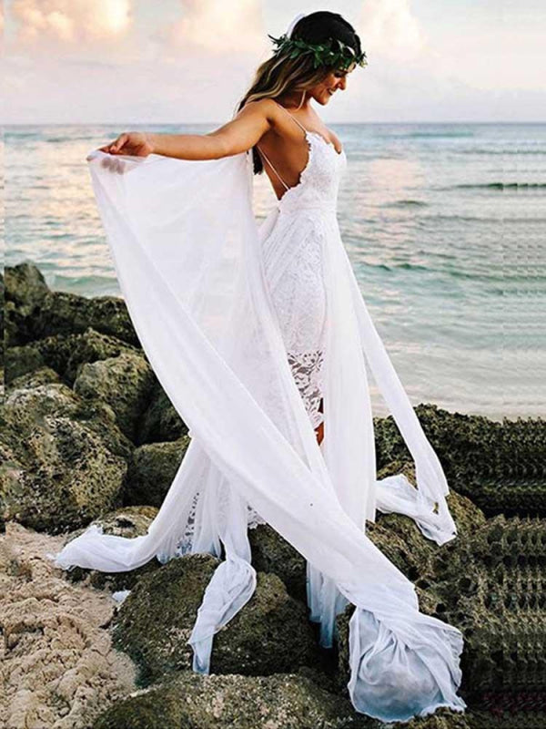Lace White Boho Bohemian Wedding Dresses with Front Split