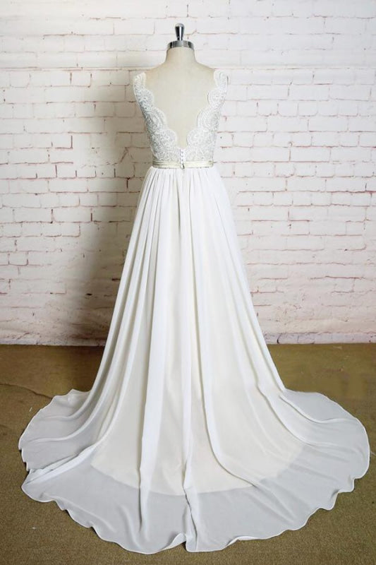Latest V-neck Lace Chiffon A-line Wedding Dress