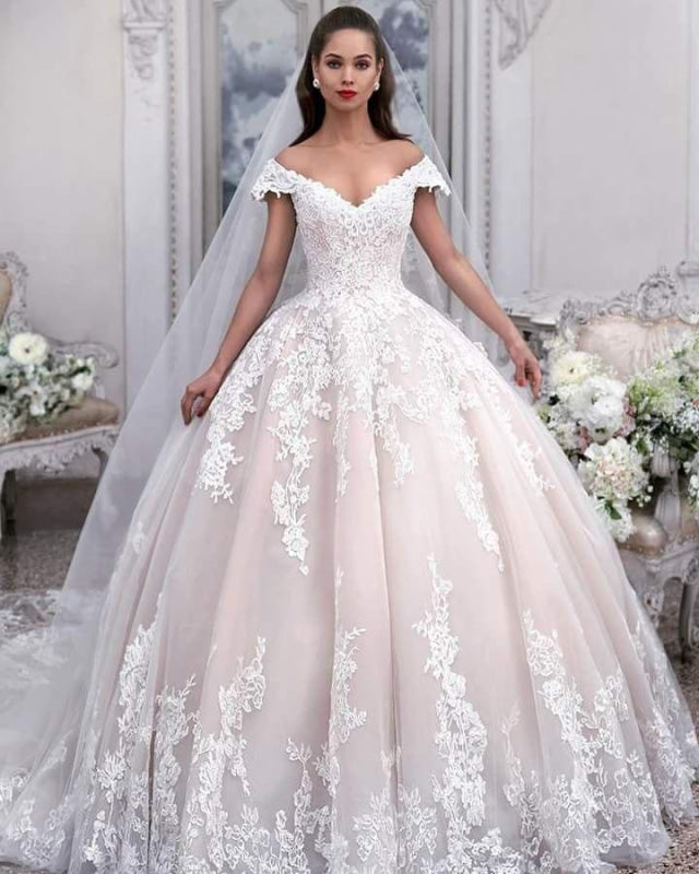 Light Pink Off the Shoulder Ball Gown Tulle Appliques Aline Wedding Dress