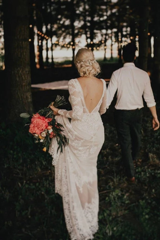 Long Sleeve Lace Beach Country Wedding Dress