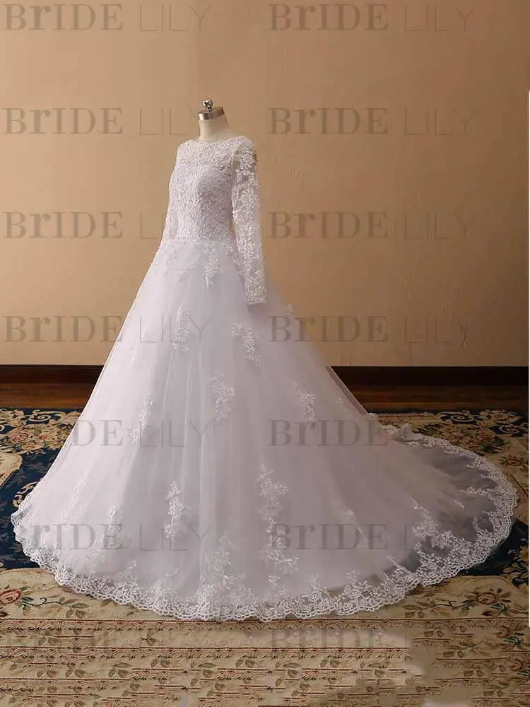 Long Sleeves Lace Tulle Aline Wedding Dresses