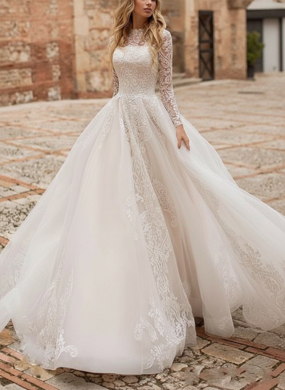 Long Sleeves White A Line Wedding Dress with Appliques