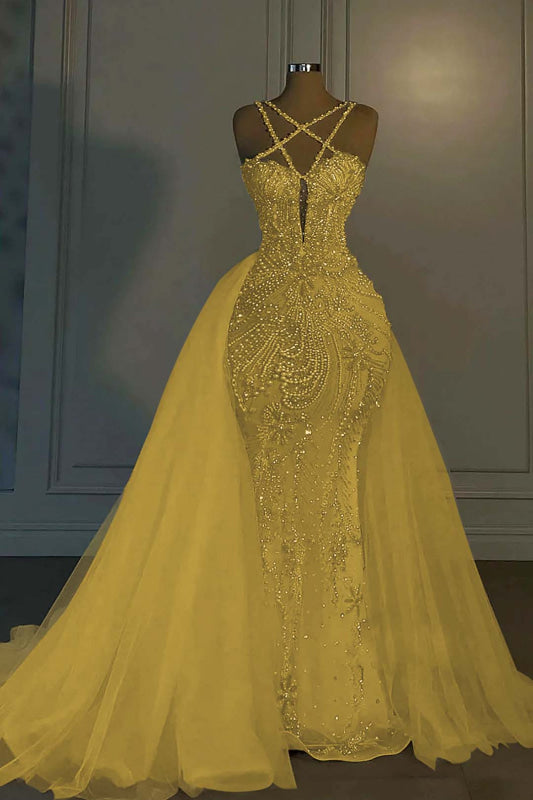Luxurious Mermaid Wedding Dress Glitter with Sweep Train Spaghetti Straps Bridal Gown