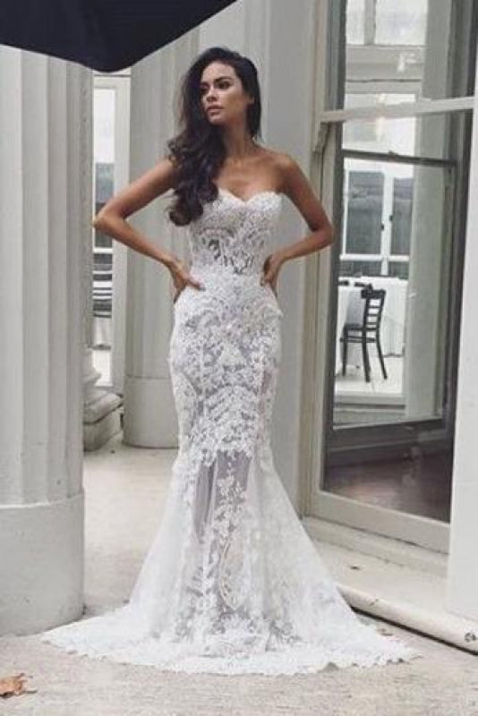 Sexy Sweetheart Long Lace Appliques Mermaid Wedding Dress