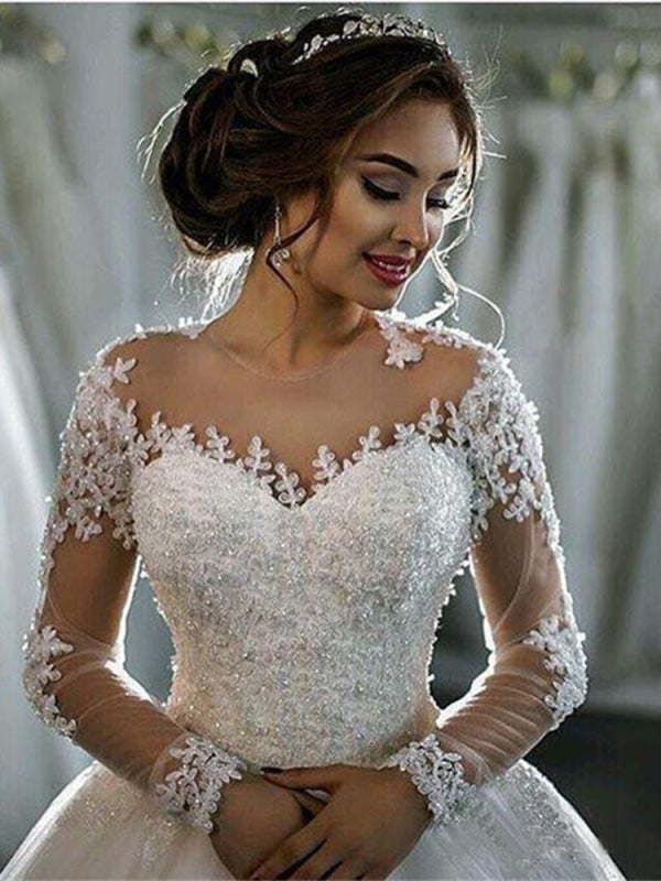 Modest Sheer Neck Long Sleeves Ball Gown Wedding Dresses