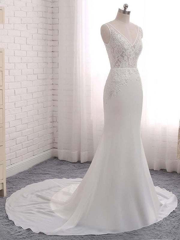 Modest V-Neck Lace Mermaid Wedding Dresses