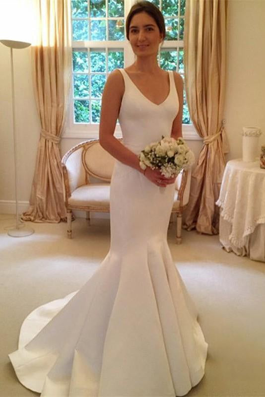 Newest Mermaid V-neck Sleeveless Simple Backless Wedding Dress