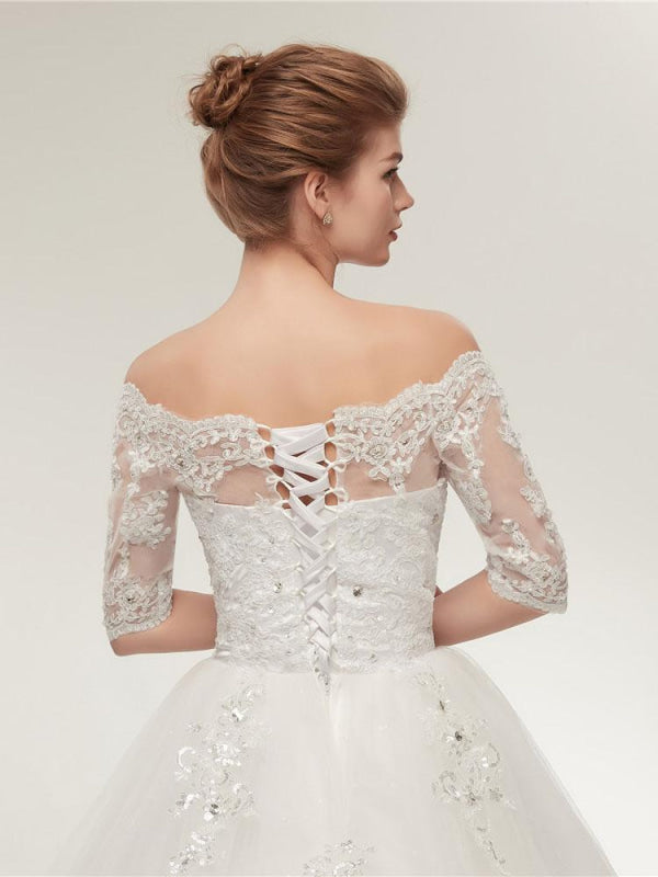 Off-the-Shoulder Half Sleeves Lace Ball Gown Wedding Dresses