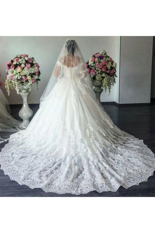 Off The Shoulder Ivory Tulle Applique Sweep Train Wedding Dress