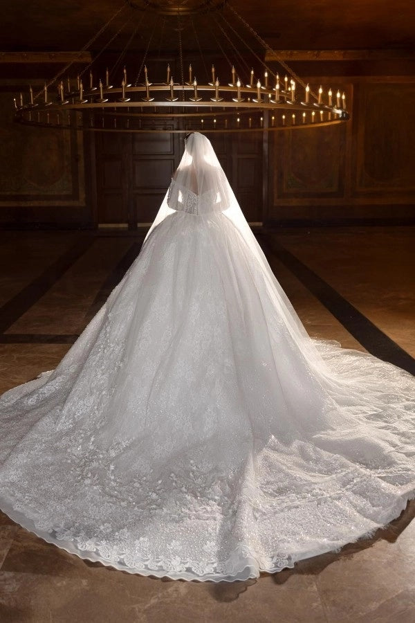 Gorgeous Tulle Aline Wedding Dress Off-the-Shoulder with Long Sleeves