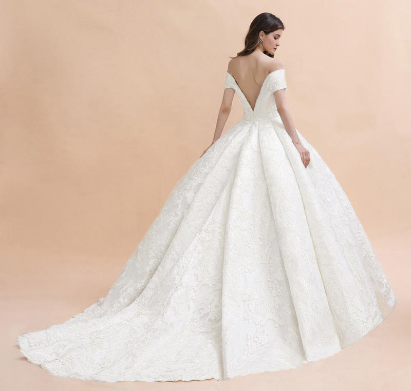 Off The Shoulder Lace Beaded Ball Gown Wedding Dress