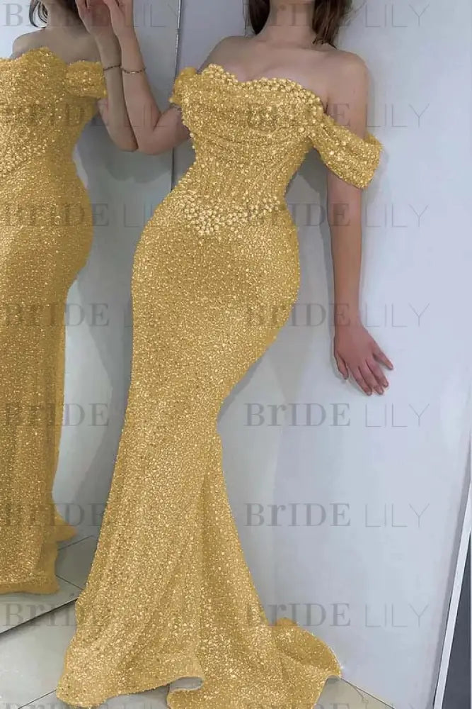 Dazzling Beaded Sweetheart Mermaid Evening Dress Sequins Off-Shoulder Prom Dress with Train