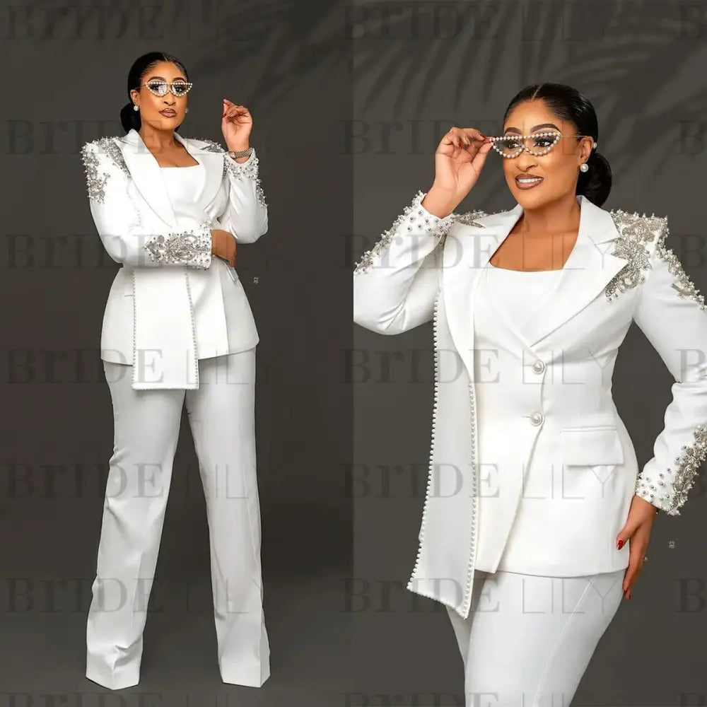 Peaked Lapel Beading Pearls Women Suits 2 Pieces Blazer Pants Mother Of The Bride Outfits