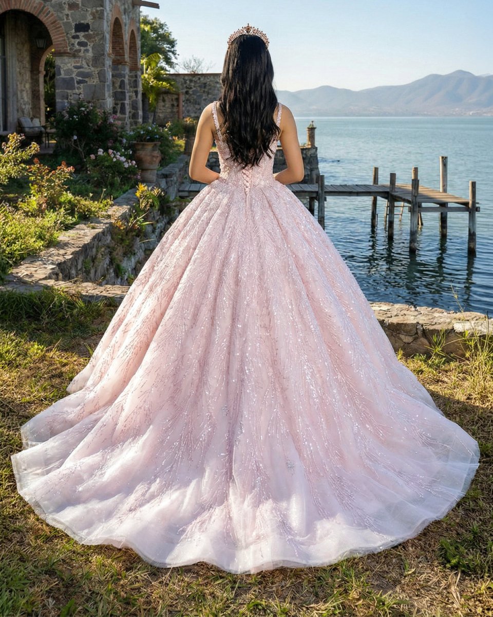 Pink Straps Sequin Beaded Long Ball Gown Quinceanera Dresses