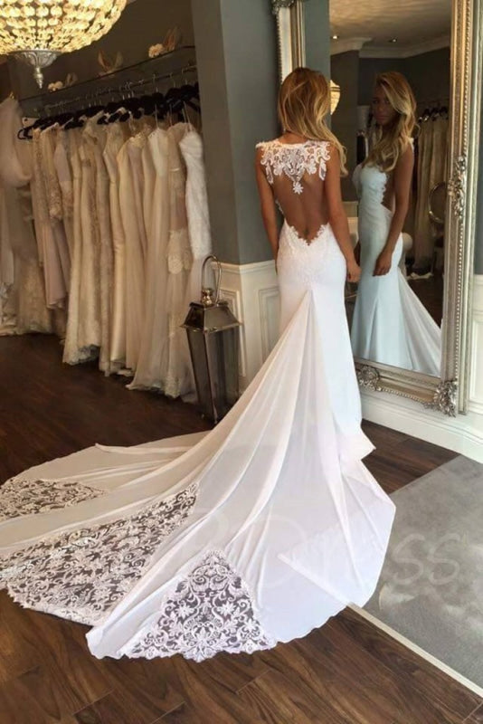 Pretty Sheath Sleeveless Long Beach Lace Wedding Dress
