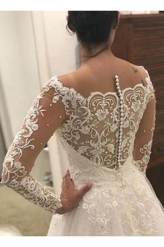 Puffy Long Sleeves Gorgeous Tulle Beads Wedding Dress