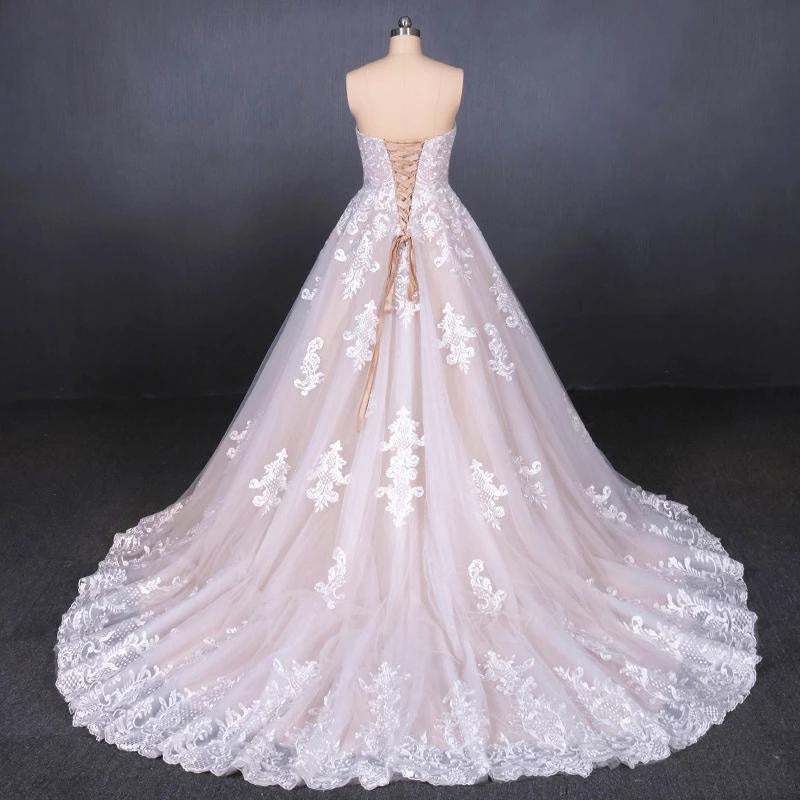 Puffy Strapless Tulle with Appliques Long Train Lace Up Wedding Dress