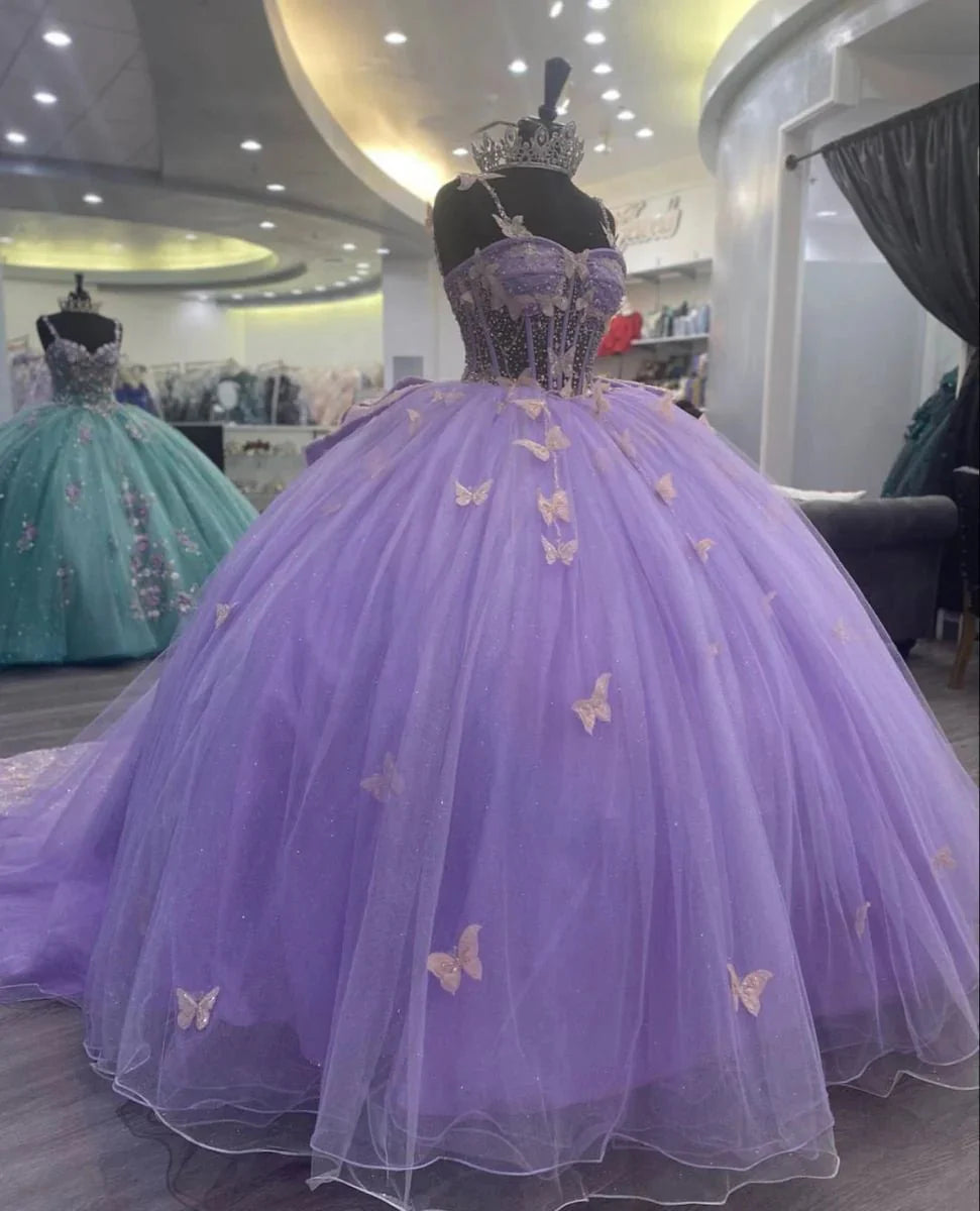 Lavender Tulle Ball Gown Sweetheart Quinceanera Dress With Butterflies