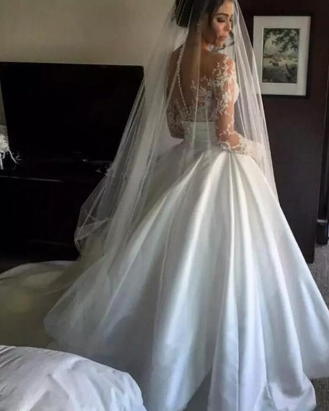 Romantic Lace Satin Aline Wedding Dress with Long Sleeves Illusion Back