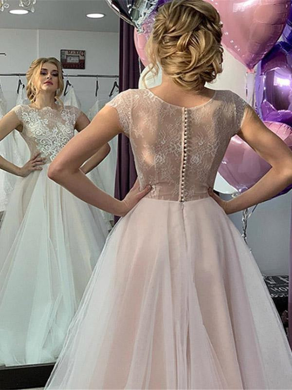 Romantic Short Sleeve Lace A-Line Wedding Dresses