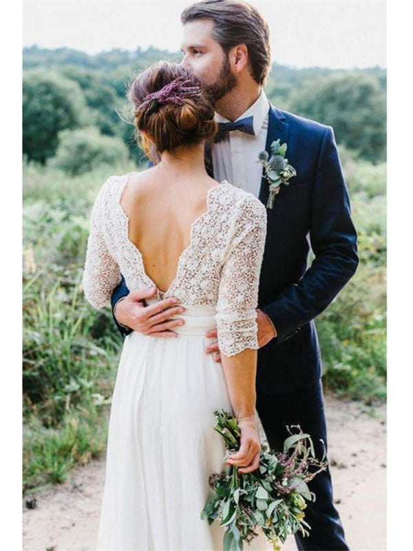 Romantic V Neck Chiffon Lace A Line Wedding Dresses