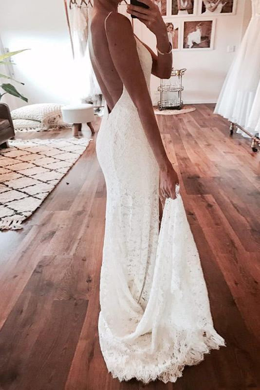 Sexy Mermaid Spaghetti Straps Backless Beach Lace Wedding Dress