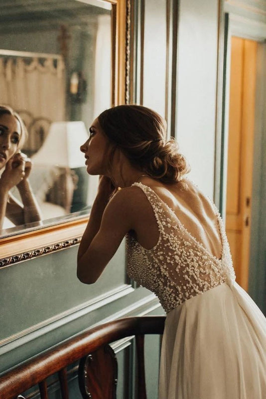 Simple Beading Long Tulle Beach A Line Deep V Neck Wedding Dress