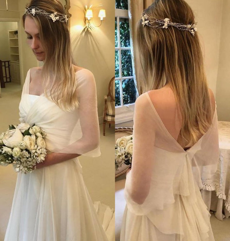 Simple Elegant Chiffon Beach with Wrap Sleeves Unique Wedding Dress