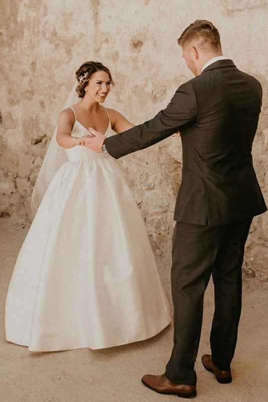 Simple Ivory Sleeveless Beach Floor Length Satin Spaghetti Straps Wedding Dress