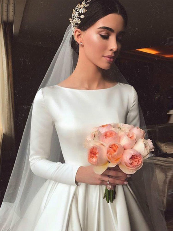 Simple Jewel Long Sleeve A-line Wedding Dresses