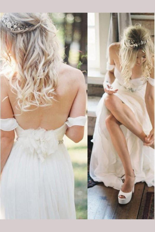Simple Off the Shoulder Beach Ivory Wedding Dress with Split
