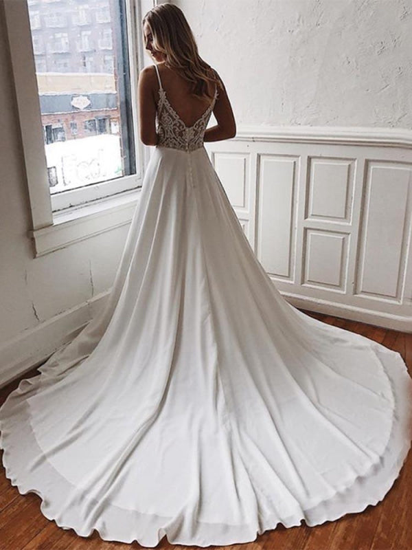 Simple Spaghetti-Strap V-Neck Sweep Train Ruffles Wedding Dresses
