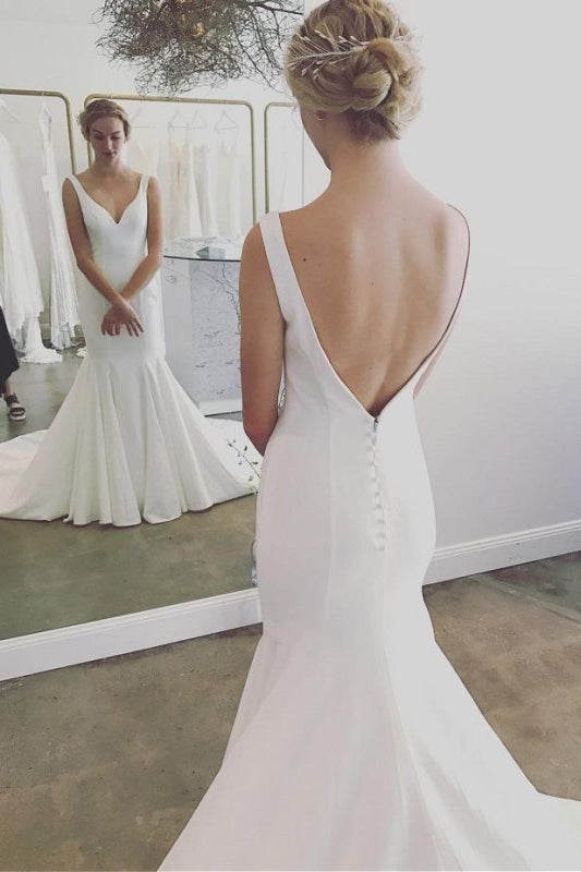 Simple V Neck Mermaid Long Beach Backless Wedding Dress